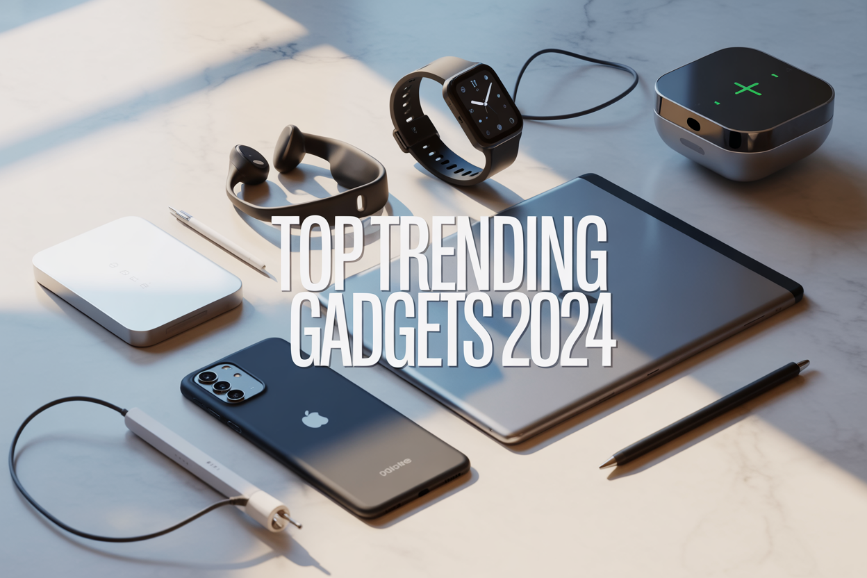 Create a realistic image of a modern, sleek flat lay composition featuring the year's top trending gadgets including a latest smartphone, smartwatch, wireless earbuds, smart home hub device, and a tablet, all arranged on a clean white marble surface with soft natural lighting from above, creating subtle shadows, with the text "TOP TRENDING GADGETS 2024" elegantly overlaid in modern sans-serif font, surrounded by minimal tech accessories like a charging cable and stylus, shot from directly above in a professional product photography style.