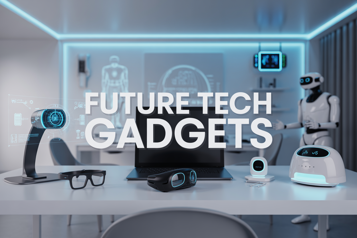 Create a realistic image of a sleek modern workspace featuring an array of futuristic tech gadgets including a holographic display projecting 3D data, smart glasses on a minimalist white desk, a robotic assistant in the background, glowing wearable devices, and advanced medical monitoring equipment, all illuminated by soft blue LED lighting against a clean contemporary background, with the text "FUTURE TECH GADGETS" prominently displayed in bold modern typography overlaying the scene.