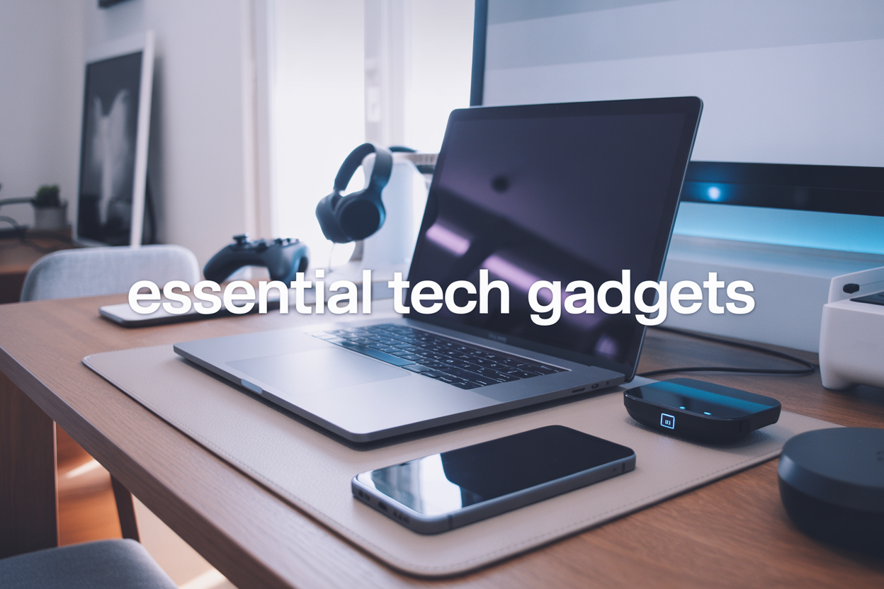 Create a realistic image of a modern tech enthusiast's desk setup featuring a sleek smartphone, laptop computer, wireless headphones, smartwatch, gaming controller, and smart home hub device all arranged aesthetically on a clean white desk surface with soft natural lighting from a window, complemented by a minimalist background with subtle blue accent lighting, and overlay text reading "Essential Tech Gadgets" in modern sans-serif font.