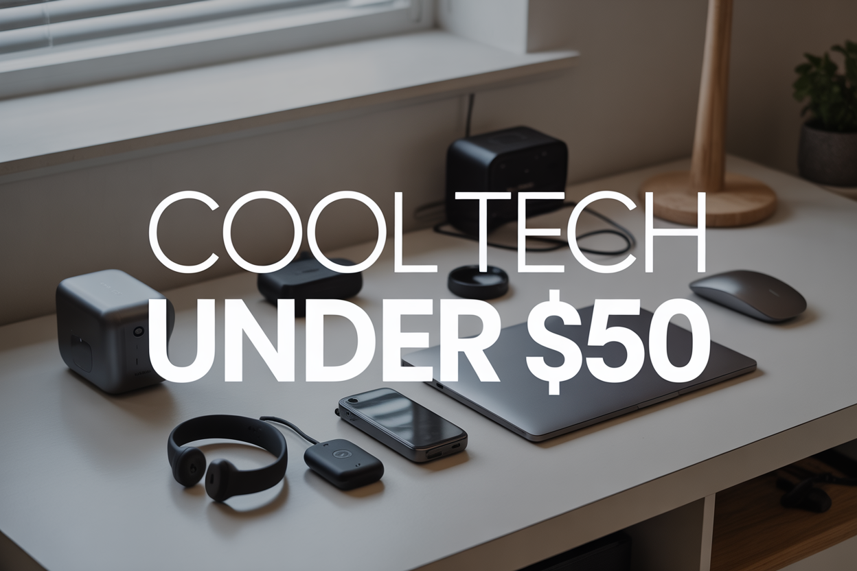 Create a realistic image of a clean, modern desk surface with various affordable tech gadgets neatly arranged including wireless earbuds, a smartwatch, a portable phone charger, a small Bluetooth speaker, and a wireless mouse, with soft natural lighting from a window, and the text "Cool Tech Under $50" displayed prominently in modern typography overlaid on the image, with a minimalist background featuring a laptop partially visible in the corner.