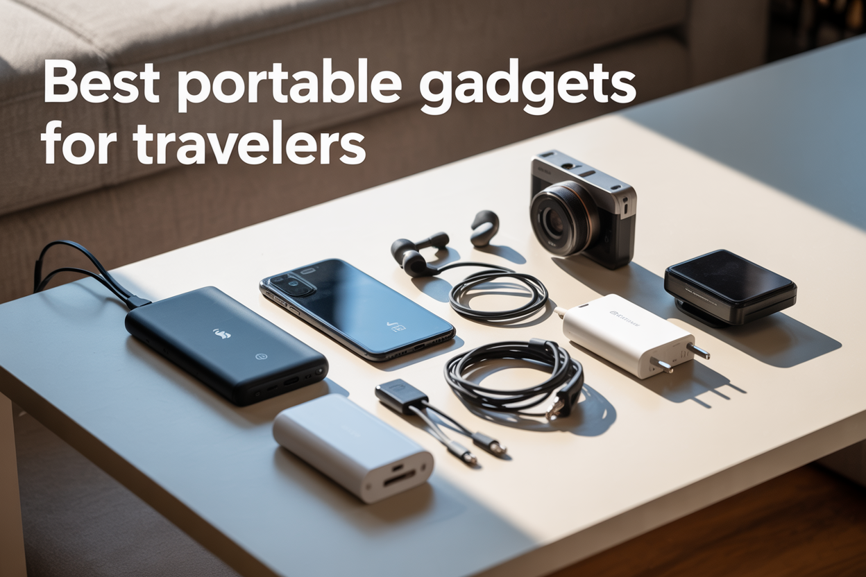 Create a realistic image of a flat lay arrangement of essential travel gadgets neatly organized on a clean white surface, including a portable power bank, smartphone, wireless earbuds, compact camera, fitness tracker, travel adapter, and portable charger cables, with soft natural lighting from above creating subtle shadows, and the text "Best Portable Gadgets for Travelers" displayed in modern sans-serif font at the top of the composition.