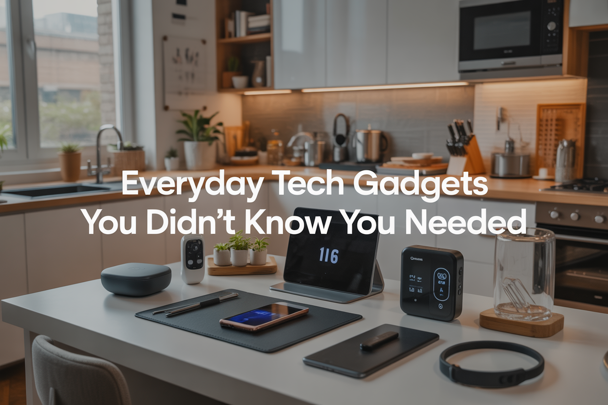 Create a realistic image of a modern, well-lit living space showcasing various everyday tech gadgets including a smartphone, smartwatch, wireless earbuds, smart home devices, kitchen gadgets, and productivity tools artfully arranged on a clean white desk and kitchen counter, with warm natural lighting from a window, creating an inviting and organized atmosphere that suggests convenience and modern living, with the text "Everyday Tech Gadgets You Didn't Know You Needed" elegantly overlaid in modern sans-serif font.