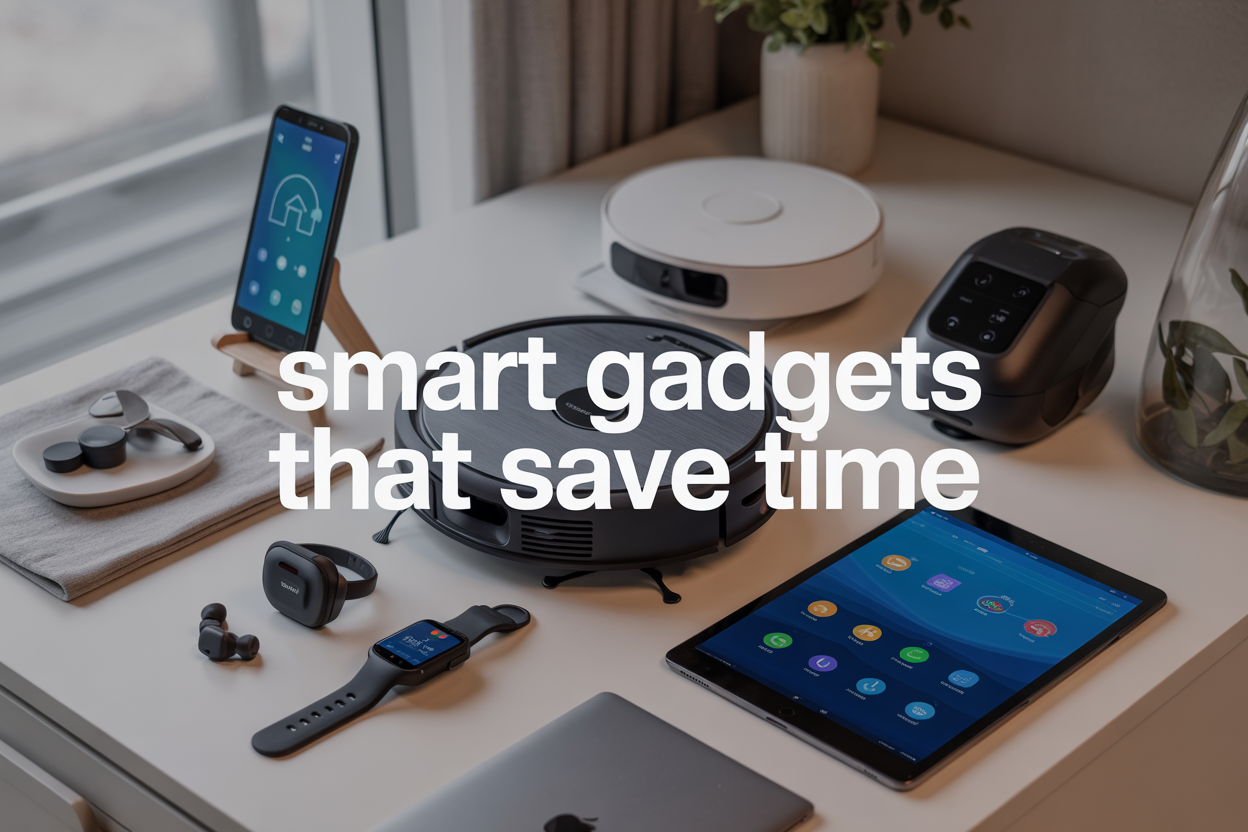 Create a realistic image of a modern, organized workspace featuring an array of smart gadgets including a smartphone displaying a home automation app, a robotic vacuum cleaner, wireless earbuds, a smartwatch, and a tablet showing productivity apps, all arranged on a clean white desk with soft natural lighting from a window, with the text "Smart Gadgets That Save Time" prominently displayed in modern sans-serif font, conveying an efficient and tech-savvy lifestyle atmosphere.