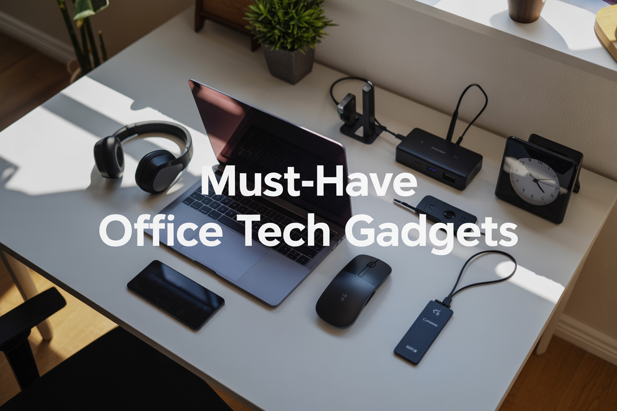 Create a realistic image of a modern office desk from above showing essential tech gadgets including a laptop, smartphone, wireless headphones, USB hub, portable charger, wireless mouse, digital clock, and security key fob arranged on a clean white desk surface with soft natural lighting from the side, featuring the text "Must-Have Office Tech Gadgets" in modern sans-serif font overlaid on the image.