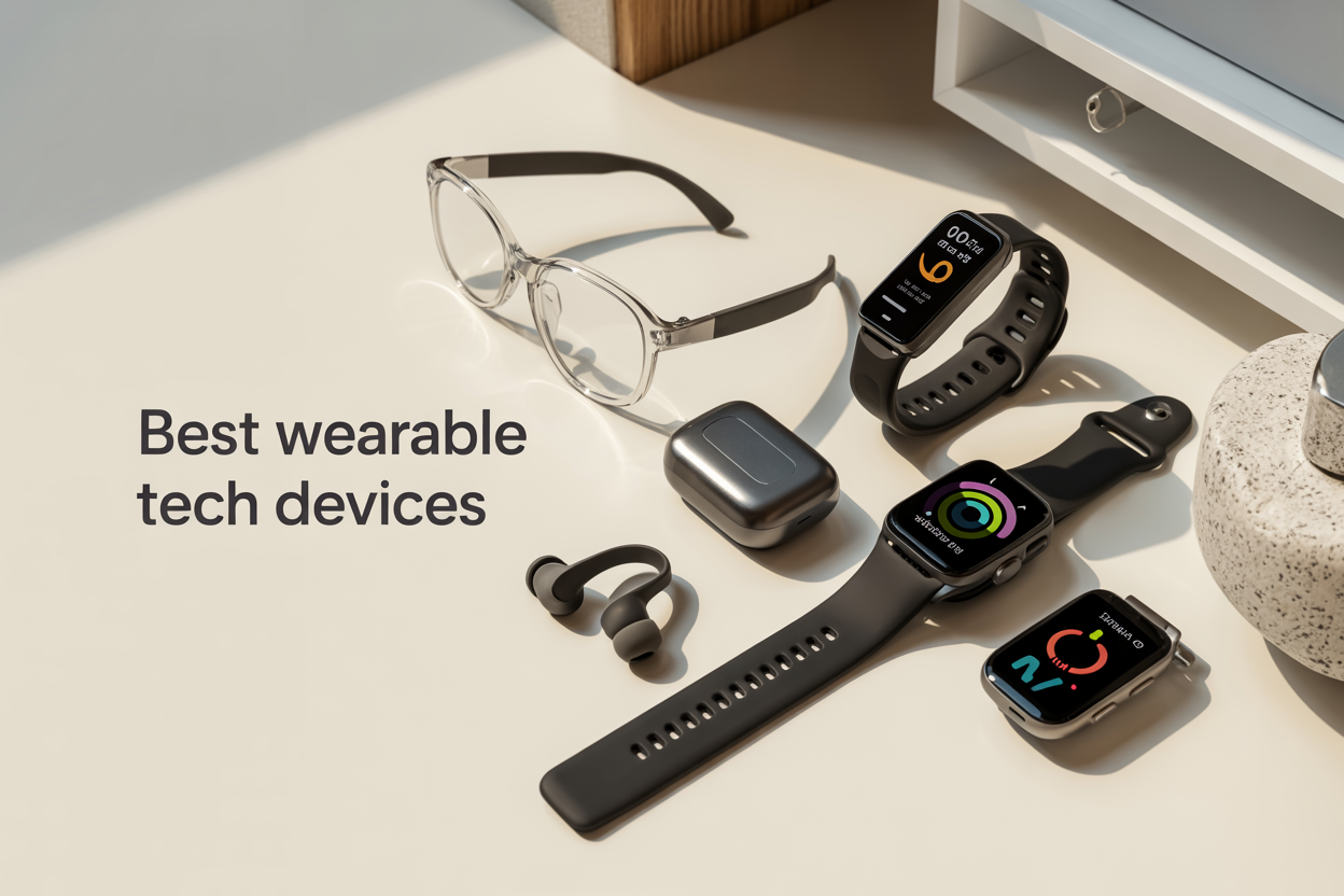 Create a realistic image of a modern flat lay arrangement on a clean white surface featuring various wearable technology devices including a sleek black smartwatch displaying a colorful interface, wireless earbuds in their charging case, a slim fitness tracker with a vibrant display, stylish smart glasses with clear frames, and a small health monitoring device, all arranged in an aesthetically pleasing composition with soft natural lighting from above, and include the text "Best Wearable Tech Devices" in modern sans-serif font positioned prominently in the upper portion of the image.