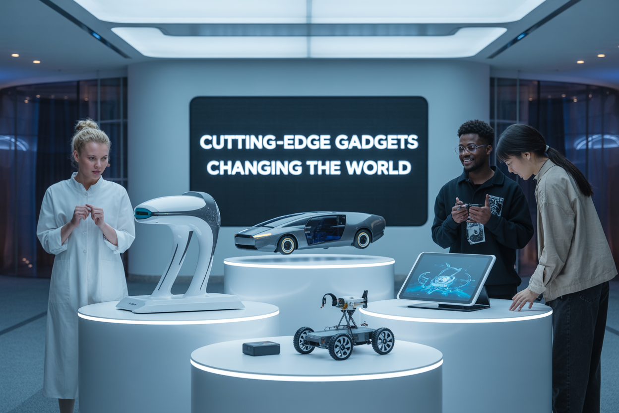 Create a realistic image of a futuristic technology showcase displaying cutting-edge gadgets on sleek white pedestals including a holographic medical scanner, an electric flying car model, a compact air purification device, a transparent communication tablet, and a miniature space rover, arranged in a modern exhibition hall with soft blue LED lighting and glass panels, featuring diverse people of different races and genders (white female, black male, Asian female) examining the devices with amazement, with the text "Cutting-Edge Gadgets Changing the World" prominently displayed on a digital screen in the background, creating an atmosphere of innovation and progress.