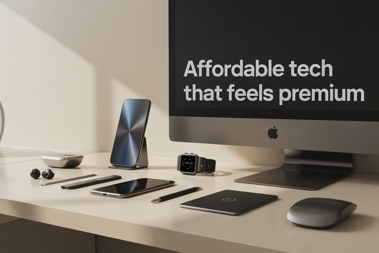 Create a realistic image of a sleek modern desk setup featuring affordable tech gadgets arranged aesthetically including wireless earbuds, a smartphone, smartwatch, wireless charging pad, and computer mouse on a clean white surface with soft natural lighting from the left side, minimalist background with subtle shadows, premium feel with metallic finishes and clean lines, including the text "Affordable Tech That Feels Premium" in modern sans-serif font positioned in the upper portion of the image.