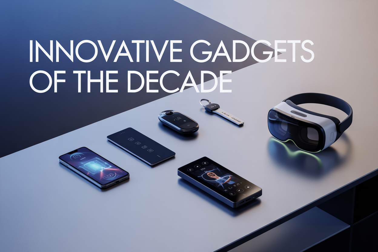 Create a realistic image of a sleek modern desk surface with five innovative gadgets representing the decade's breakthroughs: a smartphone with holographic display, a smart home control panel, an electric vehicle key fob, a advanced fitness tracker with health data visualization, and VR headset with glowing accents, all arranged in a stylized grid layout against a clean gradient background transitioning from deep blue to silver, with soft ambient lighting creating subtle reflections, and the text "INNOVATIVE GADGETS OF THE DECADE" displayed in modern sans-serif font at the top of the composition.