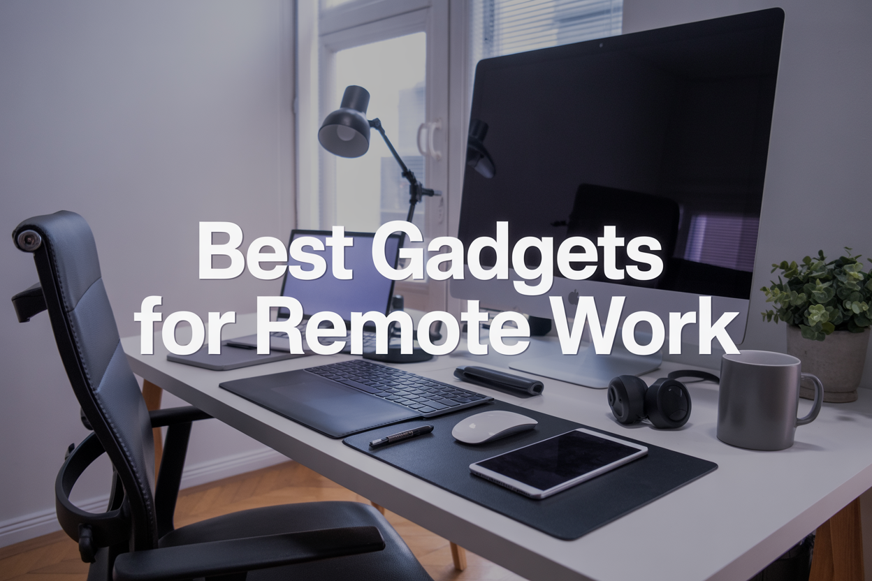 Create a realistic image of a modern home office workspace featuring a sleek desk with essential remote work gadgets including a laptop, wireless headphones, ergonomic keyboard and mouse, smartphone, tablet, portable monitor, desk lamp, coffee mug, and small potted plant, shot from a slightly elevated angle with soft natural lighting from a window, clean minimalist background with neutral colors, and the text "Best Gadgets for Remote Work" displayed prominently in modern sans-serif font overlay.