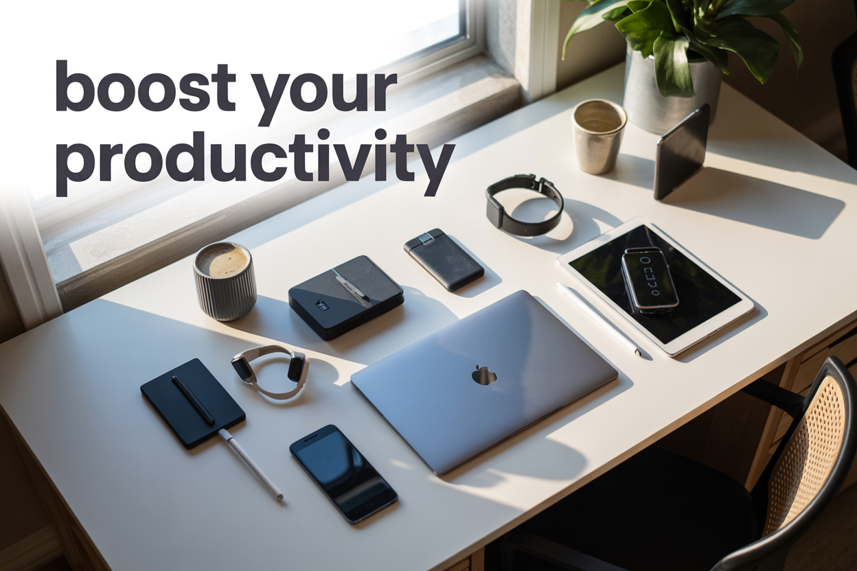 Create a realistic image of a modern workspace desk from an overhead view featuring essential tech gadgets including a sleek laptop, smartphone, wireless earbuds, a smartwatch, tablet with stylus, portable charger, and wireless mouse arranged on a clean white desk surface with natural lighting from a nearby window, accompanied by a minimalist plant and coffee cup, with the text "BOOST YOUR PRODUCTIVITY" displayed prominently in modern sans-serif font overlaying the top portion of the image in dark gray color.