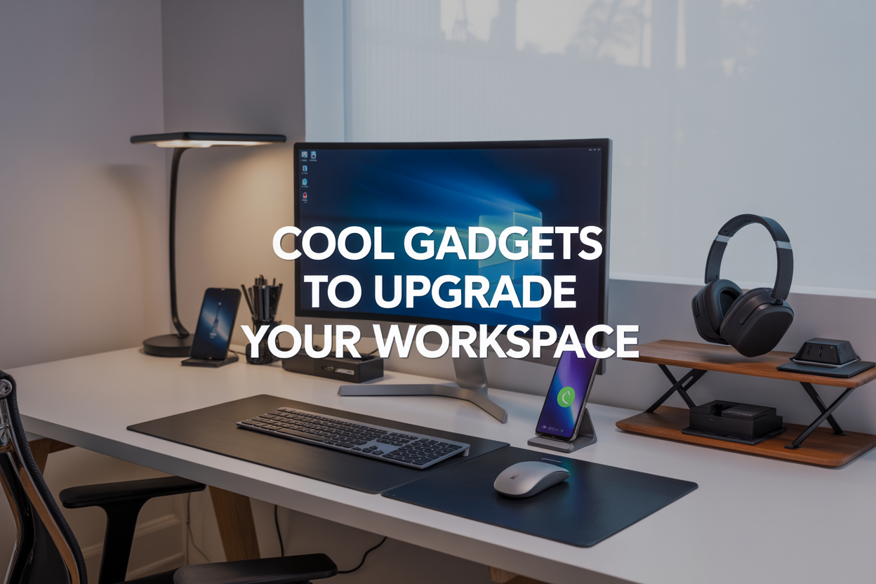Create a realistic image of a modern, well-organized workspace featuring multiple cool gadgets including a curved ultrawide monitor displaying productivity apps, ergonomic keyboard and mouse, wireless charging pad with a smartphone, sleek desk lamp with adjustable lighting, noise-canceling headphones, and modular desk organizers with cables neatly managed, all arranged on a clean white desk against a minimalist background with soft natural lighting from a window, with the text "Cool Gadgets to Upgrade Your Workspace" elegantly overlaid in modern sans-serif font.