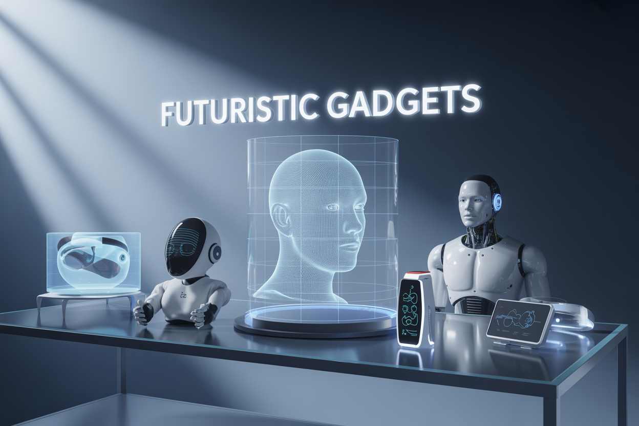 Create a realistic image of a sleek futuristic scene featuring a holographic display projecting a glowing digital interface in the center, surrounded by advanced gadgets including a translucent brain-controlled headset, a humanoid AI robot with chrome finish, smart wearable devices with glowing circuits, and floating transparent screens, all arranged on a modern glass surface against a dark blue gradient background with subtle light rays, creating a high-tech atmosphere, with the text "FUTURISTIC GADGETS" appearing as illuminated letters floating above the scene.