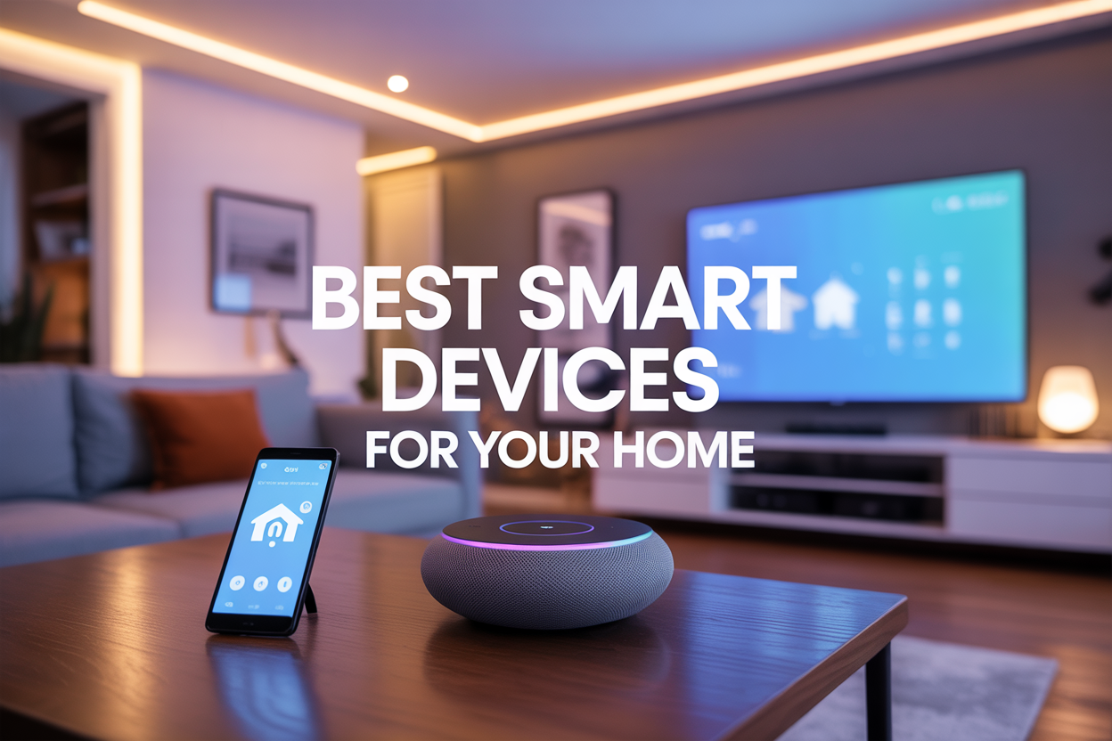 Create a realistic image of a modern living room showcasing multiple smart home devices including a sleek smart speaker on a coffee table, smartphone displaying a home automation app, smart LED light strips glowing warmly along the ceiling, a digital thermostat on the wall, and a large smart TV displaying a home control interface, with soft ambient lighting creating a cozy high-tech atmosphere, and overlay text reading "Best Smart Devices for Your Home" in clean modern typography.