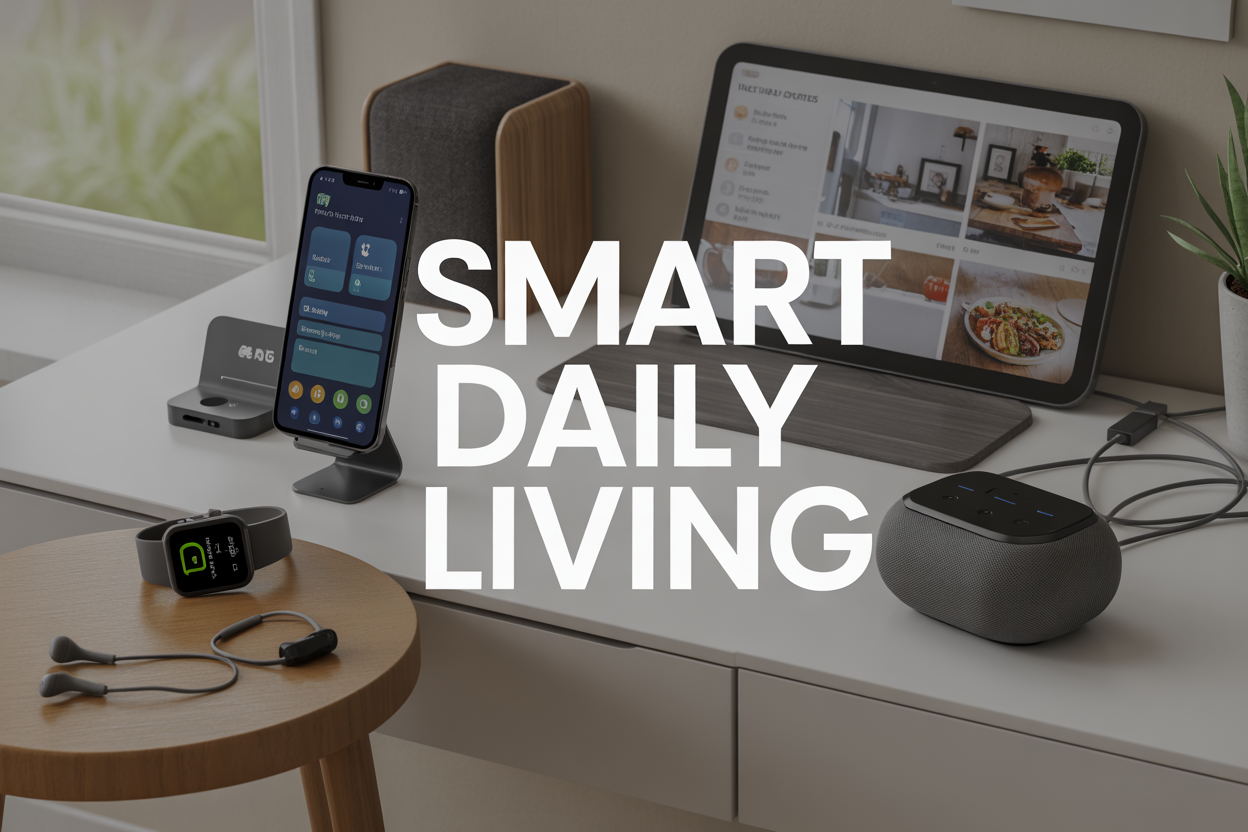 Create a realistic image of a modern living room scene featuring multiple smart gadgets including a smartphone displaying a home automation app, a smartwatch on a wooden table, wireless earbuds in their charging case, a smart speaker, and a tablet showing kitchen recipes, all arranged on a clean white desk with soft natural lighting from a window, complemented by subtle tech elements like charging cables and a small potted plant, with the text "Smart Daily Living" prominently displayed in modern sans-serif font overlay, conveying an organized and tech-savvy lifestyle atmosphere.