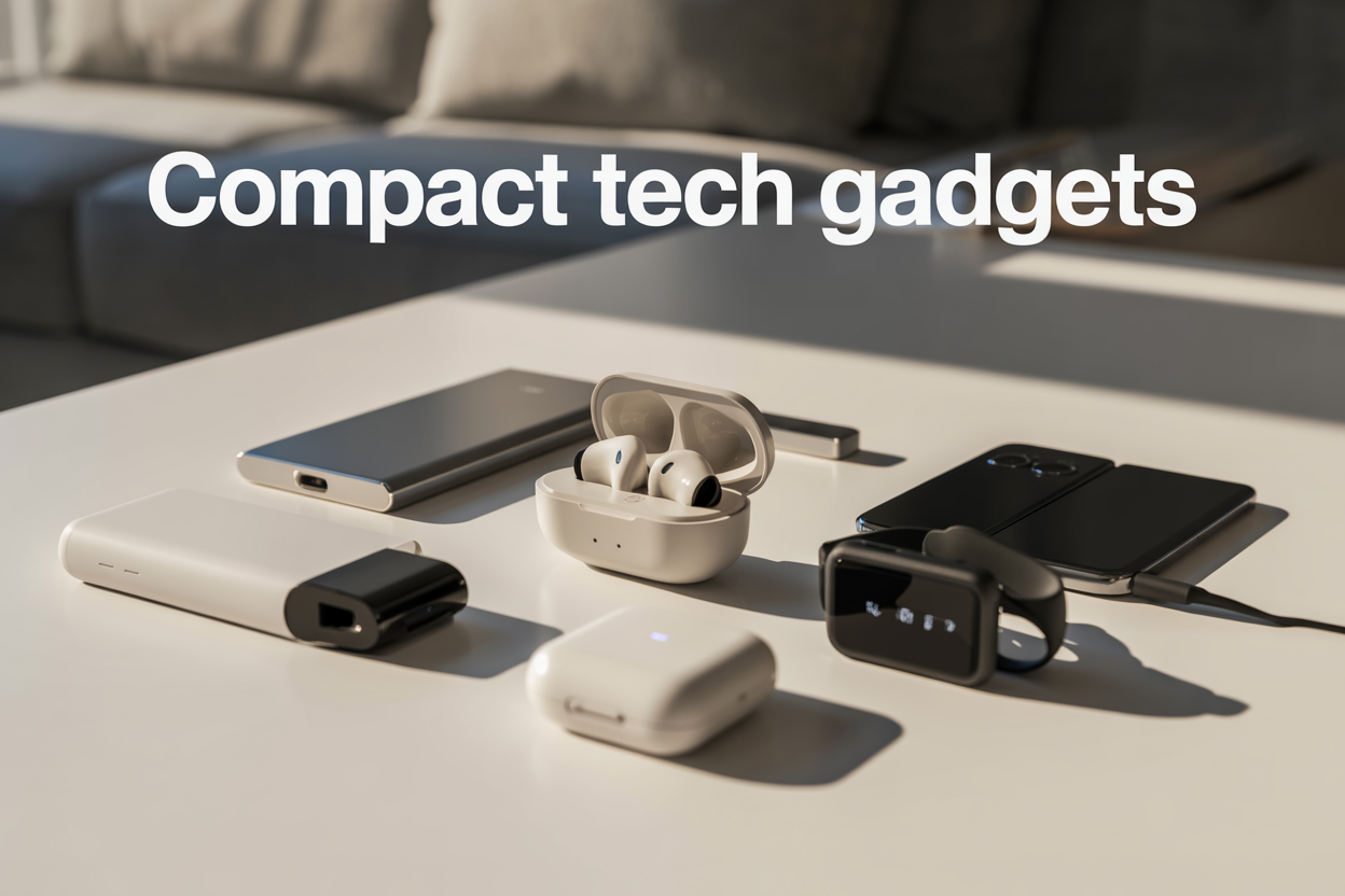 Create a realistic image of various compact tech gadgets artfully arranged on a clean white surface, including a portable power bank, wireless earbuds in their case, a foldable smartphone, a smartwatch, and a mini smart home hub, with soft natural lighting from above creating subtle shadows, and the text "Compact Tech Gadgets" displayed prominently in modern sans-serif font at the top of the image, conveying a sleek and organized tech lifestyle mood.