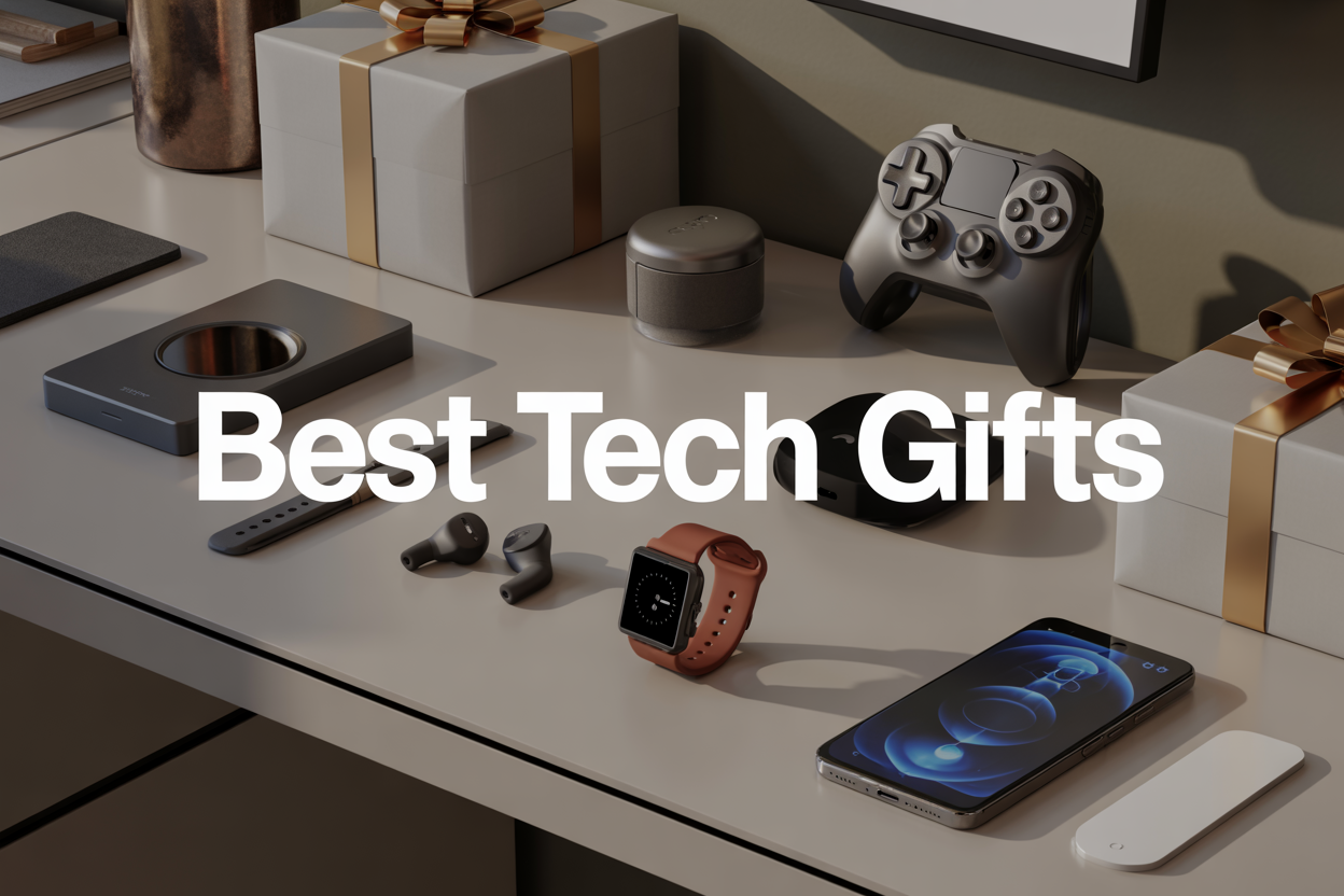 Create a realistic image of a modern tech gift display on a sleek white desk featuring a smartwatch, wireless earbuds, gaming controller, smartphone with accessories, and smart home device, arranged in an aesthetically pleasing layout with soft studio lighting, clean minimalist background, and elegant gift wrapping elements like ribbons and boxes, with the text "BEST TECH GIFTS" prominently displayed in modern sans-serif font overlay.