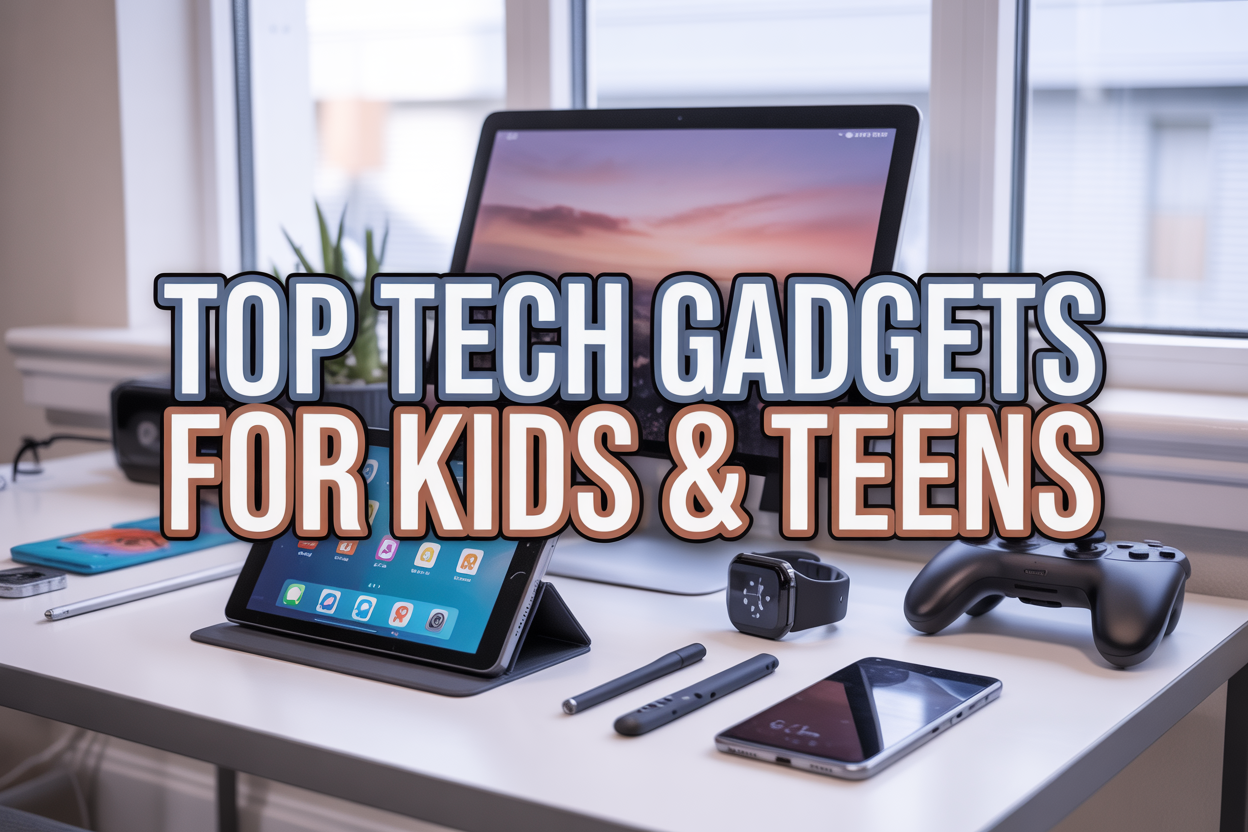 Create a realistic image of a bright, modern tech workspace featuring an organized display of various gadgets including a tablet with educational apps, smartwatch, wireless earbuds, gaming controller, and smartphone arranged on a clean white desk surface, with soft natural lighting from a window, and bold text overlay reading "TOP TECH GADGETS FOR KIDS & TEENS" in modern blue and orange gradient font, shot from a slightly elevated angle to showcase all devices clearly.