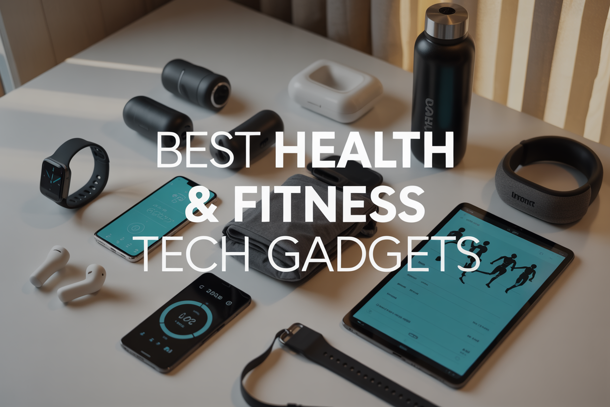 Create a realistic image of a modern flat lay composition featuring various health and fitness tech gadgets including a smartwatch, wireless earbuds, a smartphone displaying a fitness app, a smart water bottle, a fitness tracker, and a tablet showing workout metrics, all arranged on a clean white surface with soft natural lighting from the side, with the text "Best Health & Fitness Tech Gadgets" prominently displayed in modern sans-serif font overlay, creating a premium and organized tech product showcase atmosphere.