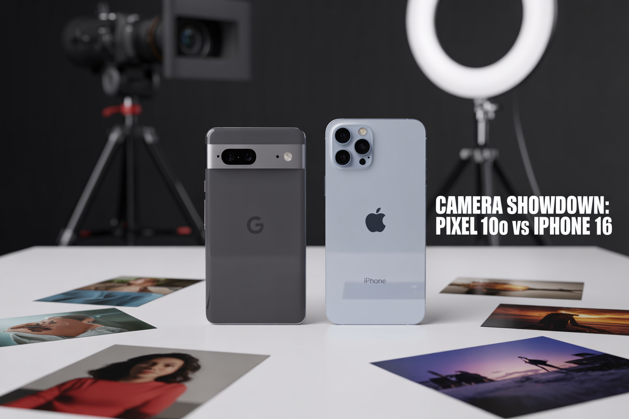 Create a realistic image of two smartphones placed side by side on a clean white surface, the Google Pixel 10 Pro on the left and iPhone 16 on the right, both displaying their camera apps with viewfinders active, dramatic studio lighting highlighting the camera modules on the back of each phone, with sample photos scattered around showing portrait shots, landscape scenes, and night photography examples, professional photography equipment like a ring light softly blurred in the background, and bold text overlay reading "Camera Showdown: Pixel 10 Pro vs iPhone 16" in modern sans-serif font.