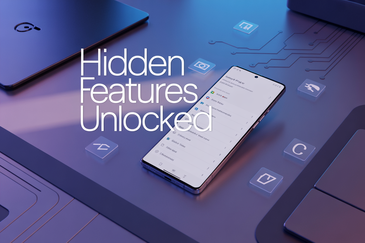 Create a realistic image of a Google Pixel 10 Pro smartphone positioned at a slight angle on a modern dark wooden desk, with the screen displaying a sleek interface showing hidden settings menus and developer options, surrounded by subtle tech elements like circuit board patterns in the background, soft blue and purple ambient lighting creating a premium tech atmosphere, with the text "Hidden Features Unlocked" elegantly overlaid in modern white typography in the upper portion of the image, and small icons representing camera, battery, security, and connectivity features floating around the device with a gentle glow effect.