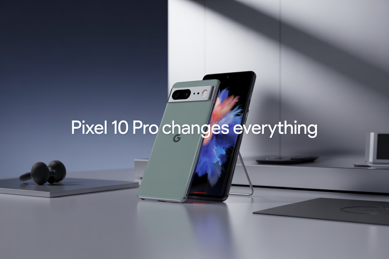 Create a realistic image of a sleek Google Pixel 10 Pro smartphone positioned at a dynamic angle on a modern minimalist desk surface, with the phone's camera system prominently displayed and the screen showing vibrant AI-enhanced photography interface, surrounded by subtle tech elements like wireless earbuds and a charging pad, soft professional lighting with a gradient background transitioning from deep blue to silver, with the text "PIXEL 10 PRO CHANGES EVERYTHING" elegantly overlaid in modern sans-serif font, conveying innovation and cutting-edge technology.