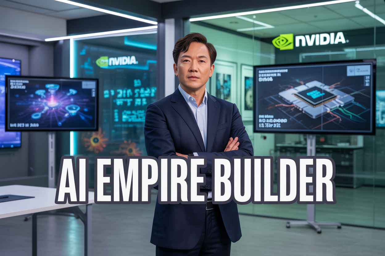 Create a realistic image of a professional corporate setting featuring an Asian male executive in a dark business suit standing confidently in a modern tech office, with multiple large wall-mounted screens displaying AI neural network visualizations and GPU chip designs, NVIDIA company logos visible on glass walls in the background, sleek modern lighting with a blue and green color scheme, and the text "AI Empire Builder" prominently displayed in bold modern font across the lower portion of the image.