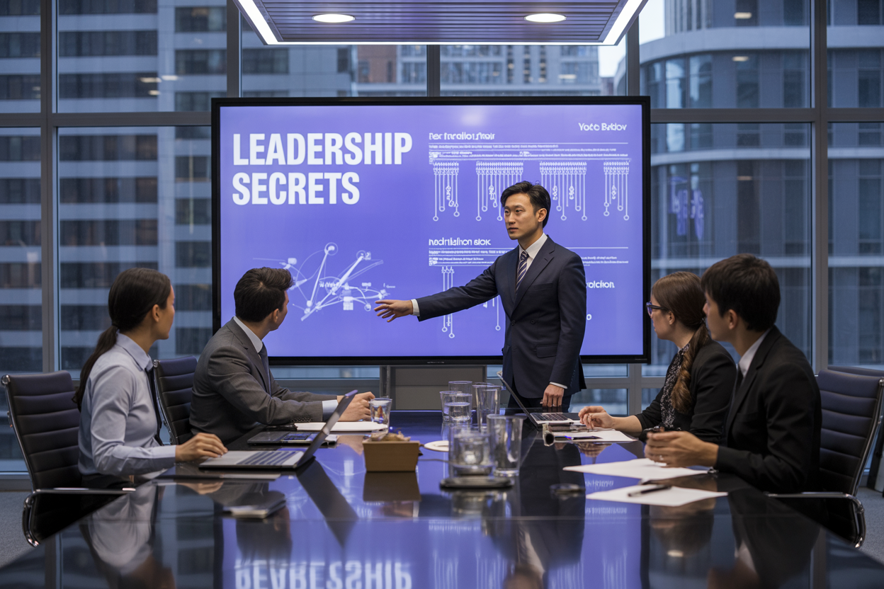 Create a realistic image of a modern corporate boardroom with a large presentation screen displaying "LEADERSHIP SECRETS" as the main text, featuring a diverse group of business professionals including an Asian male executive in a dark suit gesturing toward strategic diagrams on the screen, with additional professionals of mixed races and genders seated around a polished conference table with laptops and documents, the scene illuminated by professional LED lighting and floor-to-ceiling windows showing a city skyline, conveying an atmosphere of innovation and strategic planning with subtle tech industry elements like circuit board patterns on the presentation materials.
