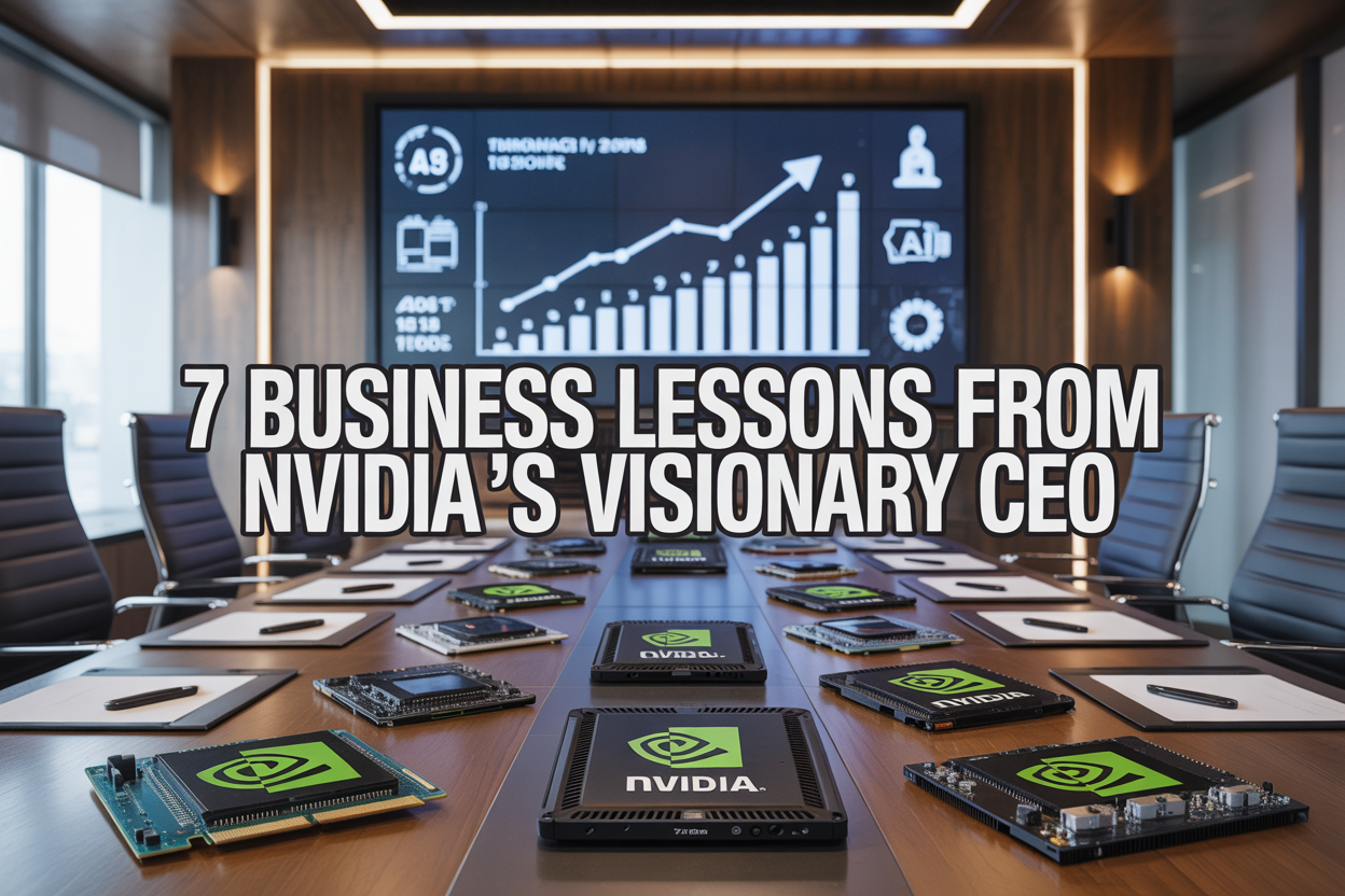 Create a realistic image of a modern corporate boardroom with a large conference table, multiple NVIDIA graphics cards and computer chips displayed on the table, a wall-mounted large screen showing upward trending business graphs and AI/technology icons, warm professional lighting, and the text "7 Business Lessons From NVIDIA's Visionary CEO" overlaid in bold white letters across the center of the image, with a sleek tech-corporate atmosphere conveying innovation and strategic leadership.