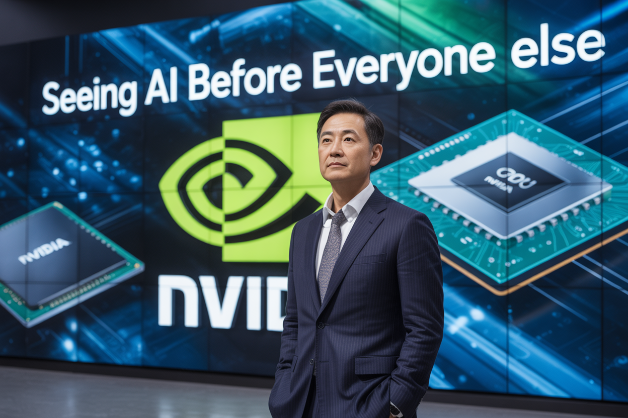 Create a realistic image of a confident Asian male business executive in a dark suit standing in front of a large wall display showing AI neural network visualizations and GPU chip diagrams, with the NVIDIA logo subtly visible in the background, surrounded by futuristic blue and green lighting that creates a tech-forward atmosphere, with the text "Seeing AI Before Everyone Else" prominently displayed in modern white font across the upper portion of the image.