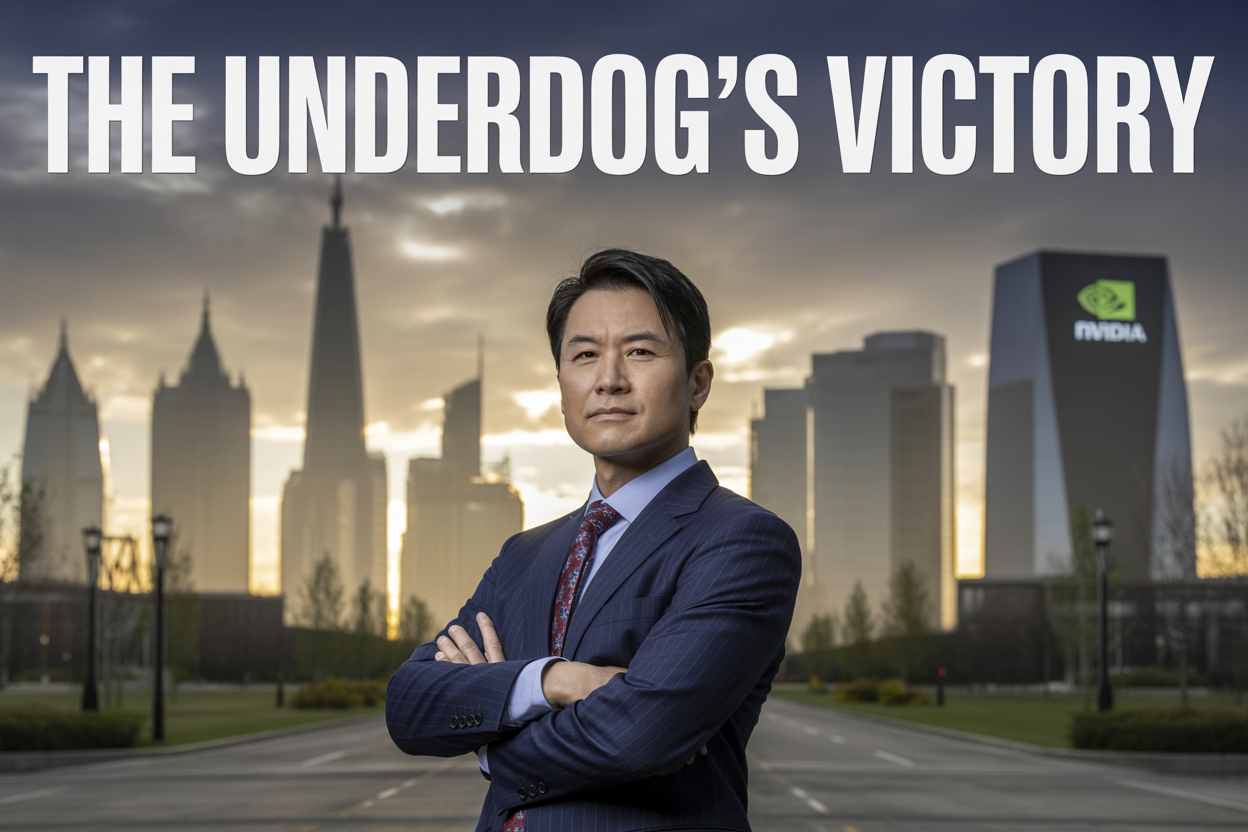 Create a realistic image of an Asian male executive in a business suit standing confidently in the foreground with his arms crossed, positioned against a dramatic backdrop showing a modern tech campus with NVIDIA headquarters building, while silhouettes of other major tech company buildings fade into the background under moody lighting with warm golden highlights suggesting triumph, and include the text "The Underdog's Victory" prominently displayed in bold modern typography at the top of the image.