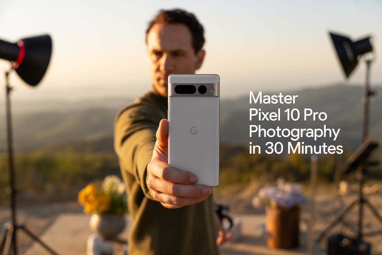 Create a realistic image of a Google Pixel 10 Pro smartphone being held by a white male photographer in his 30s, with the phone's camera interface visible on the screen showing professional camera settings, surrounded by photography elements including a beautiful landscape vista in the blurred background, portrait lighting equipment, and small nature elements like flowers, with warm golden hour lighting creating a professional photography atmosphere, and overlay text reading "Master Pixel 10 Pro Photography in 30 Minutes" in modern, clean typography.