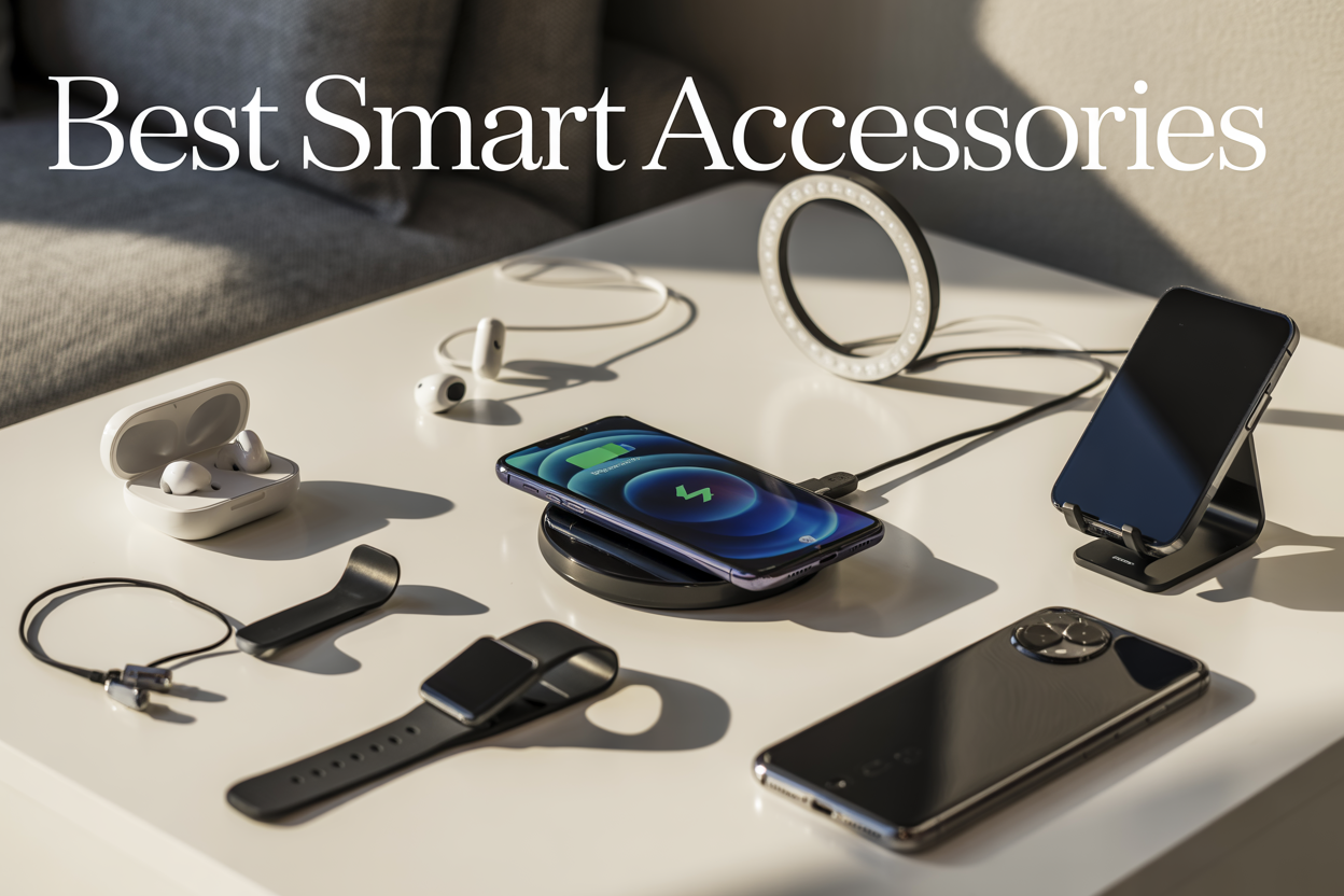 Create a realistic image of a modern flat lay composition featuring various smartphone accessories arranged on a clean white surface, including a wireless charging pad with a smartphone placed on it, wireless earbuds in their case, a ring light for photography, a portable phone stand, a fitness tracker smartwatch, and a sleek phone case, with soft natural lighting casting subtle shadows, and the text "Best Smart Accessories" elegantly displayed in modern sans-serif font at the top of the composition.