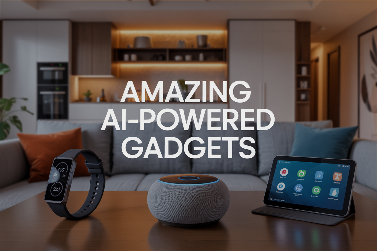 Create a realistic image of a modern living room showcasing various AI-powered gadgets including a smart home assistant on a coffee table, a sleek fitness tracker and smartwatch displayed prominently, a futuristic kitchen visible in the background with AI appliances, a tablet showing productivity apps on a side table, and subtle tech elements like smart lighting, with warm ambient lighting creating an inviting atmosphere, featuring the text "Amazing AI-Powered Gadgets" in modern, clean typography overlaid on the scene.