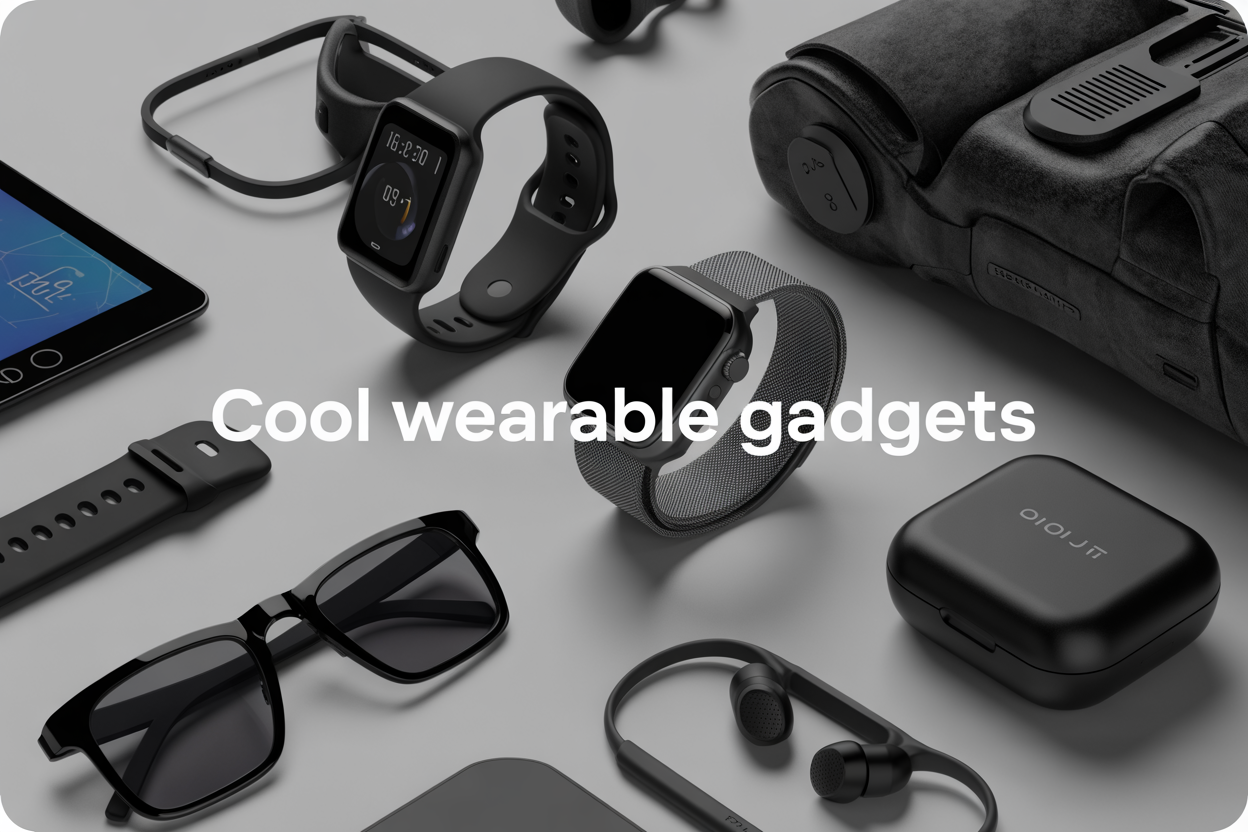 Create a realistic image of a modern flat lay composition featuring an array of wearable technology gadgets including a sleek fitness tracker, premium smartwatch, futuristic smart glasses, wireless earbuds in their charging case, and a piece of smart clothing with visible tech elements, all arranged on a clean white surface with soft studio lighting, professional product photography style, with the text "Cool Wearable Gadgets" elegantly displayed in modern sans-serif font overlaying the composition.