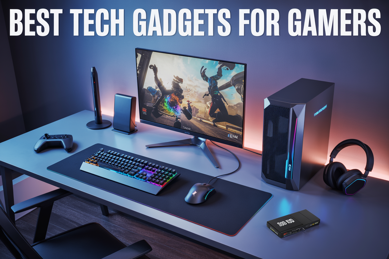 Create a realistic image of a modern gaming setup desk featuring essential gaming gadgets arranged aesthetically, including a high-end gaming monitor displaying colorful game graphics, mechanical RGB keyboard, gaming mouse with LED lighting, premium gaming headset, wireless controller, external SSD drive, and graphics card box, all positioned on a sleek black desk against a dark background with subtle blue and purple ambient lighting, with the text "Best Tech Gadgets for Gamers" prominently displayed in bold white font at the top of the image.