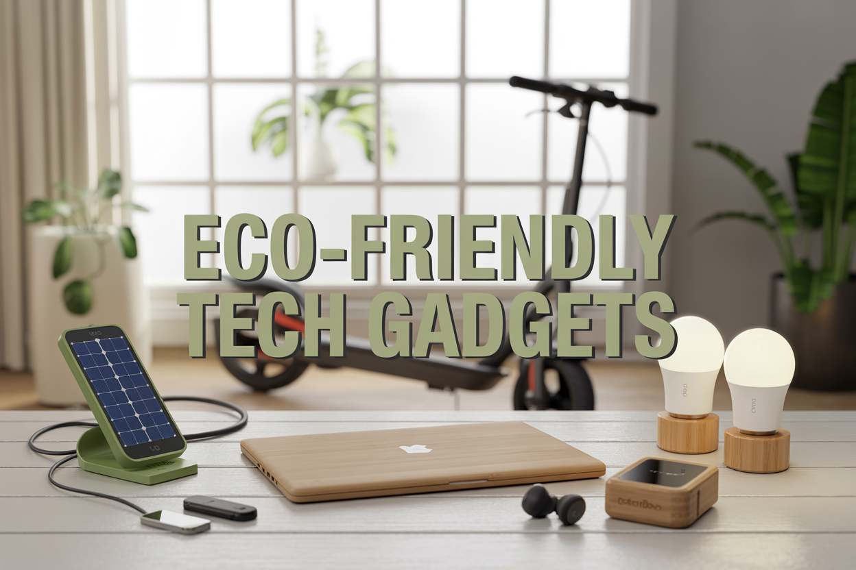 Create a realistic image of a modern, clean workspace featuring an array of eco-friendly tech gadgets including a solar panel phone charger, energy-efficient LED smart bulbs, a bamboo laptop, wireless earbuds in recyclable packaging, and an electric scooter in the background, all arranged on a white wooden desk with green plants and natural lighting from a large window, with the text "Eco-Friendly Tech Gadgets" prominently displayed in modern green typography, conveying a sustainable and environmentally conscious technology theme.