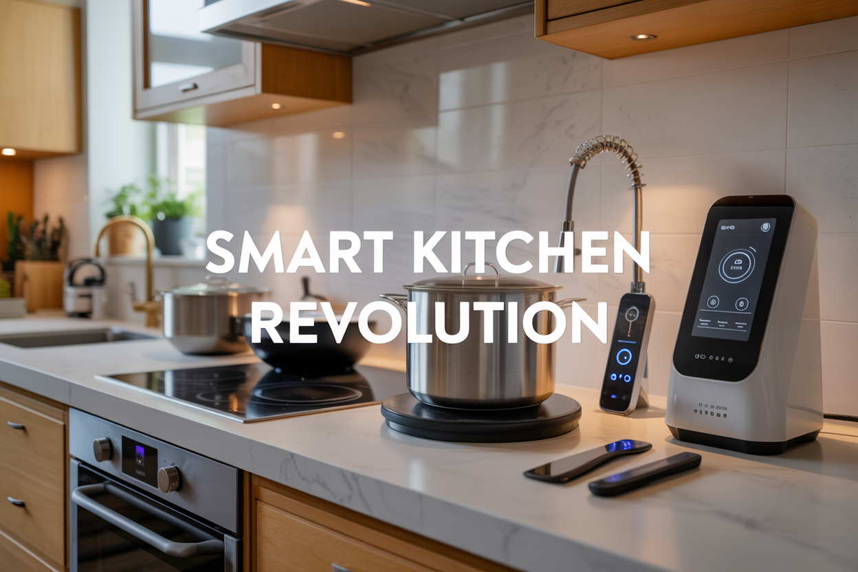Create a realistic image of a modern kitchen countertop featuring an array of smart cooking gadgets including a sleek AI cooking assistant with digital display, connected appliances with glowing touch panels, precision cooking tools like a smart thermometer and sous vide device, and automated meal prep gadgets, all arranged on a clean white marble counter with soft natural lighting from a window, creating a bright and innovative atmosphere, with the text "Smart Kitchen Revolution" elegantly overlaid in modern sans-serif font.