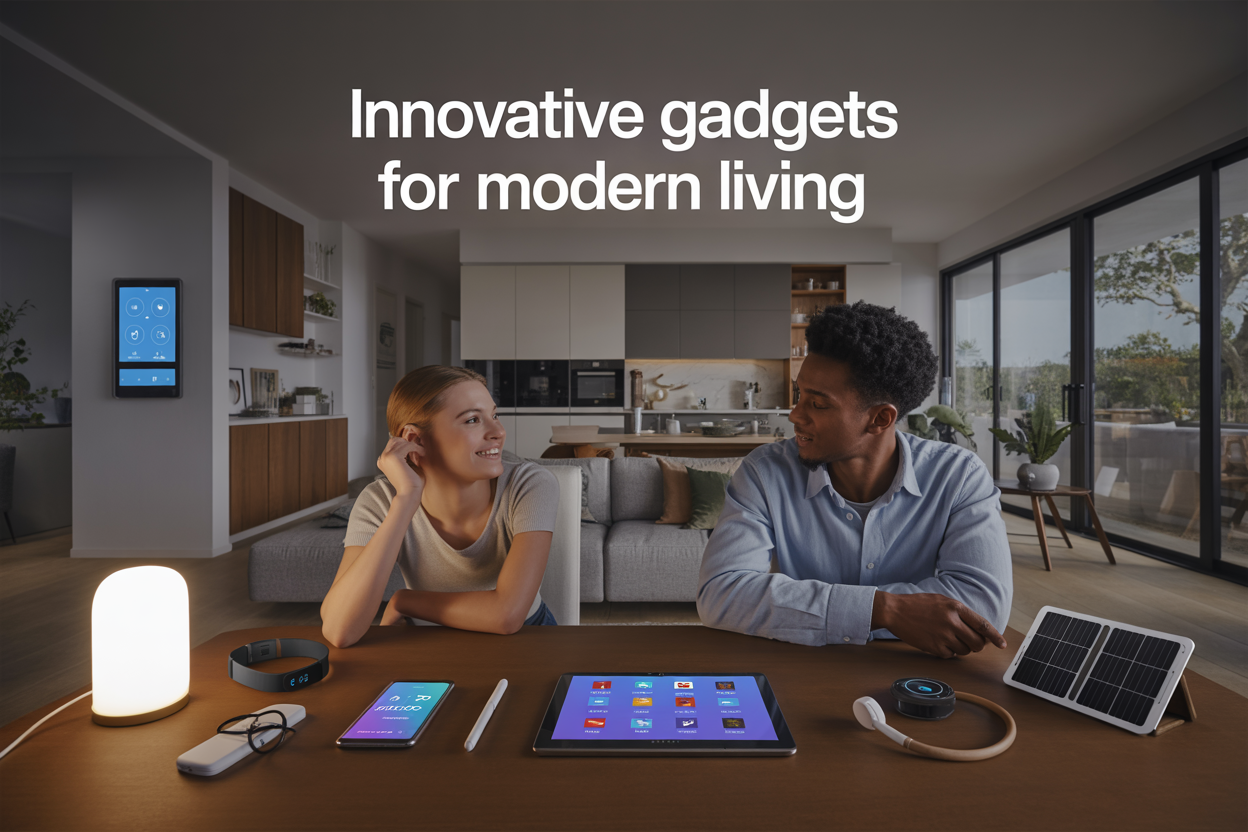 Create a realistic image of a modern living room showcasing various innovative gadgets including a smart home control panel on the wall, sleek kitchen appliances visible in an open-plan design, a fitness tracker and smartphone on a coffee table, a tablet displaying productivity apps, and small eco-friendly devices like a solar charger, all arranged in a clean, contemporary space with natural lighting from large windows, featuring a diverse group of a young white female and black male interacting with the technology, with the text "Innovative Gadgets for Modern Living" elegantly overlaid in the upper portion of the image.