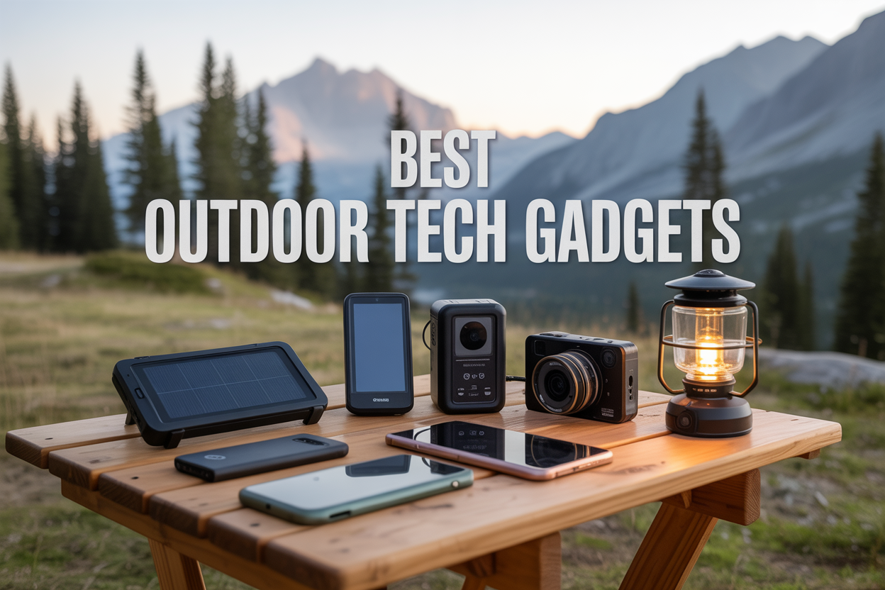 Create a realistic image of a diverse collection of modern outdoor tech gadgets arranged on a wooden camping table in a mountain wilderness setting, featuring a GPS device, portable solar power bank, weather monitoring device, action camera, smartphone, and camping lantern, with pine trees and mountain peaks in the soft morning light background, including the text "Best Outdoor Tech Gadgets" overlaid in bold white letters with a subtle shadow effect.
