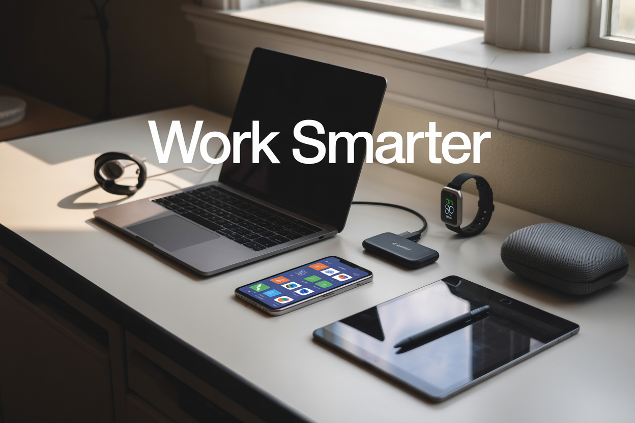 Create a realistic image of a modern workspace desktop featuring an array of smart gadgets including a sleek laptop, wireless earbuds, smartphone with productivity apps visible, digital tablet with stylus, smartwatch, wireless charging pad, and compact Bluetooth speaker arranged on a clean white desk surface, with soft natural lighting from a window creating gentle shadows, and the text "Work Smarter" elegantly overlaid in modern sans-serif font in the upper portion of the image, conveying a professional and innovative mood that represents enhanced productivity and efficiency.