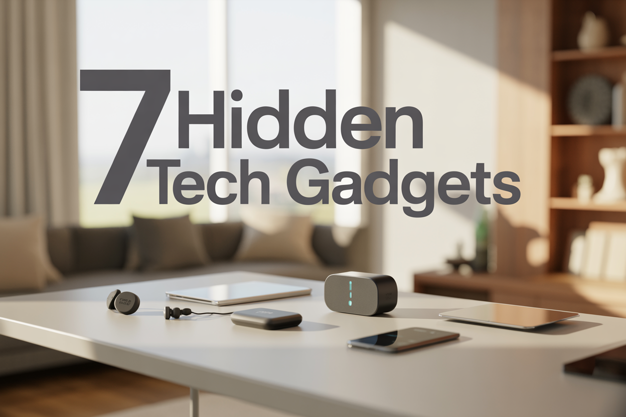 Create a realistic image of a modern lifestyle scene featuring a diverse collection of subtle tech gadgets arranged on a clean white desk surface, including a sleek fitness tracker, a compact smart home hub, wireless earbuds, a portable phone charger, and a minimalist digital kitchen scale, with soft natural lighting from a nearby window creating gentle shadows, and the text "7 Hidden Tech Gadgets" displayed in modern sans-serif typography overlaying the top portion of the image in dark gray color, with a blurred contemporary home interior in the background suggesting daily life integration.