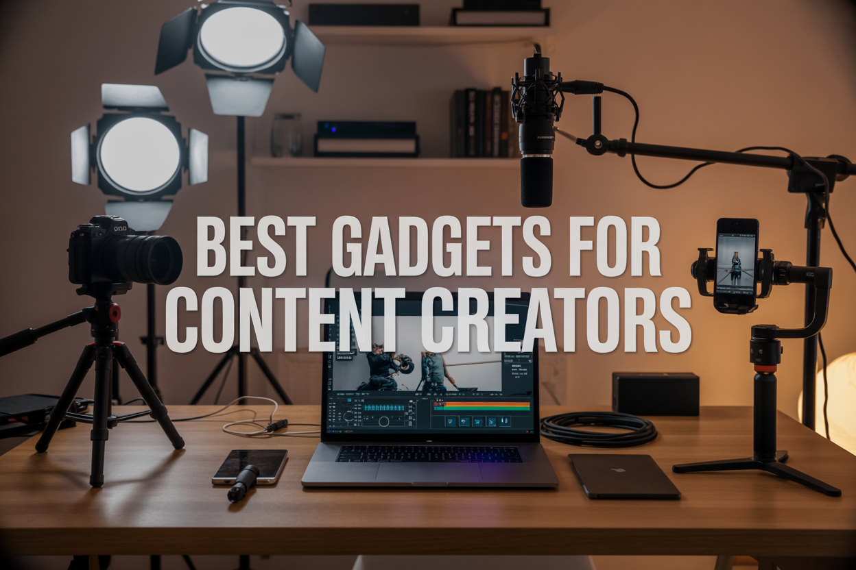 Create a realistic image of a modern content creator workspace featuring a professional camera on a tripod, studio lighting equipment with softboxes, a high-quality microphone on a boom arm, a laptop with video editing software open on screen, a smartphone with a gimbal stabilizer, and various cables and storage devices neatly arranged on a sleek wooden desk, with warm ambient lighting creating a professional atmosphere, and the text "Best Gadgets for Content Creators" displayed prominently in modern typography overlaying the scene.