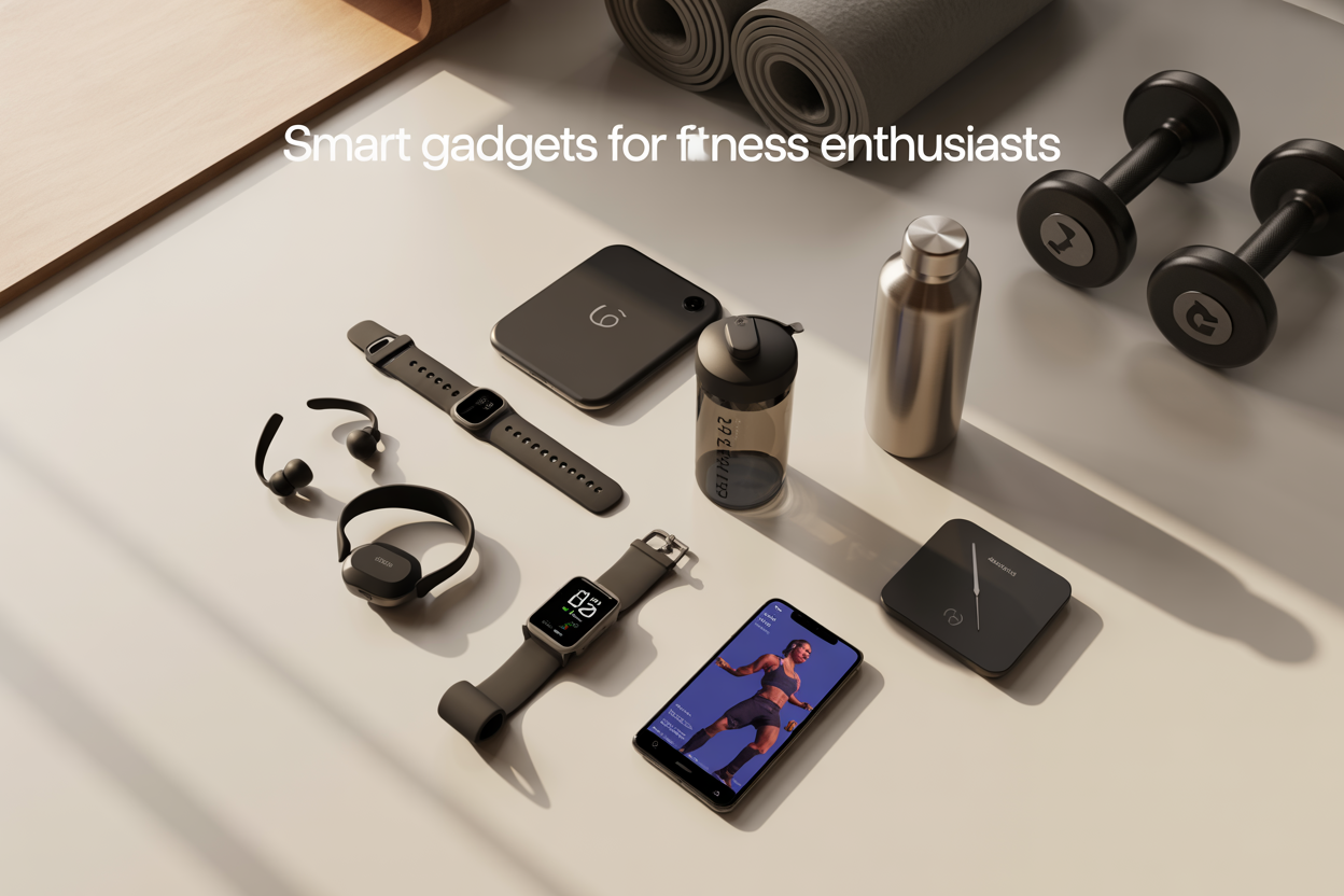 Create a realistic image of a modern flat lay arrangement featuring smart fitness gadgets including a sleek fitness smartwatch, wireless earbuds, a smart water bottle, fitness tracker band, smartphone displaying a workout app, and small smart scale, all arranged on a clean white surface with soft natural lighting from the top, accompanied by minimalist workout accessories like a yoga mat corner and dumbbells in the background, with the text "Smart Gadgets for Fitness Enthusiasts" elegantly overlaid in modern sans-serif font.