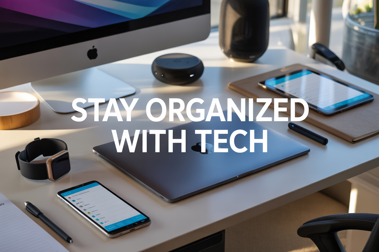 Create a realistic image of a modern, organized workspace featuring various tech gadgets including a smartphone displaying a planning app, a tablet with digital notes, a smartwatch, wireless earbuds, a sleek laptop computer, and a smart speaker on a clean white desk, with soft natural lighting from a window, accompanied by minimalist office supplies like a pen and notebook, and include the text "Stay Organized with Tech" prominently displayed in modern sans-serif font overlaid on the image.