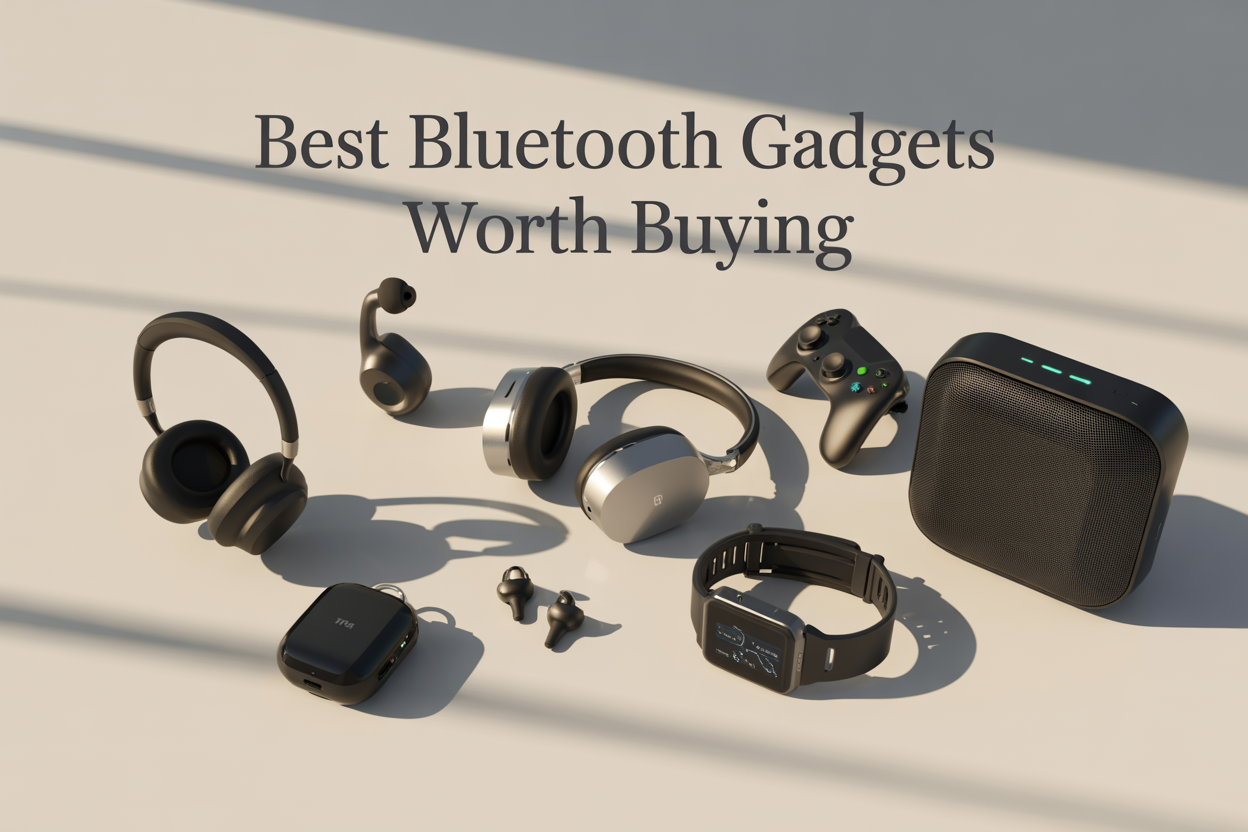 Create a realistic image of a modern flat lay arrangement featuring diverse Bluetooth gadgets including wireless headphones, earbuds, a portable speaker, gaming controller, smartwatch, and car adapter, all positioned on a clean white surface with subtle shadows, soft natural lighting from above, and the text "Best Bluetooth Gadgets Worth Buying" elegantly displayed in modern sans-serif font at the top of the composition.