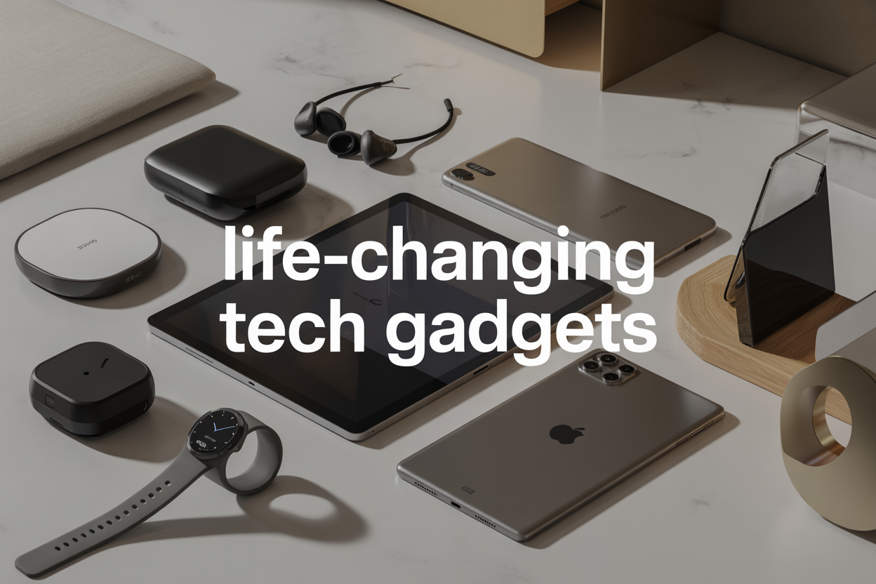 Create a realistic image of a modern flat lay arrangement showcasing various cutting-edge tech gadgets including a smartwatch, wireless earbuds, a smart home hub device, a sleek tablet, and a smartphone, all artfully arranged on a clean white marble surface with subtle shadows, complemented by minimalist geometric elements and soft natural lighting from the side, with the text "Life-Changing Tech Gadgets" displayed in modern sans-serif typography overlay, creating a premium and innovative atmosphere that conveys technological advancement and lifestyle enhancement.