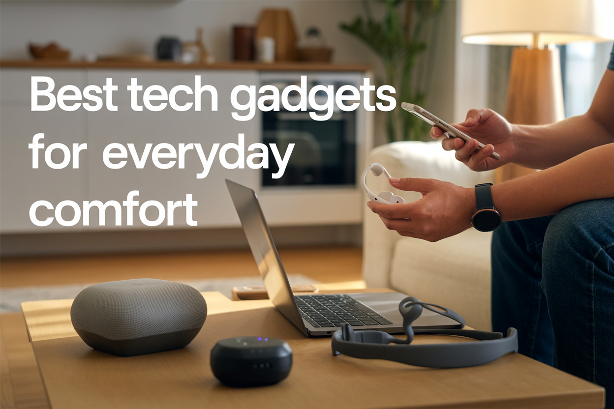 Create a realistic image of a modern living space showcasing various tech gadgets including a smart speaker on a coffee table, a person's hands holding a smartphone and wireless earbuds, a smartwatch on a wrist, a laptop with ergonomic accessories on a desk, and a smart kitchen appliance in the background, with warm natural lighting creating a comfortable home atmosphere, featuring the text "Best Tech Gadgets for Everyday Comfort" overlaid in clean, modern typography.