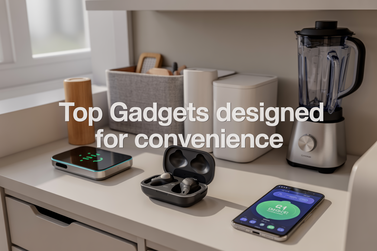 Create a realistic image of a modern, clean workspace featuring an organized collection of convenience gadgets including a smart home hub with glowing LED indicators, wireless earbuds in an open charging case, a sleek kitchen blender, a smartphone with health app display, and compact organizational containers, all arranged on a white minimalist desk with soft natural lighting from a window, creating a bright and efficient atmosphere, with the text "Top Gadgets Designed for Convenience" displayed prominently in modern sans-serif font overlay.