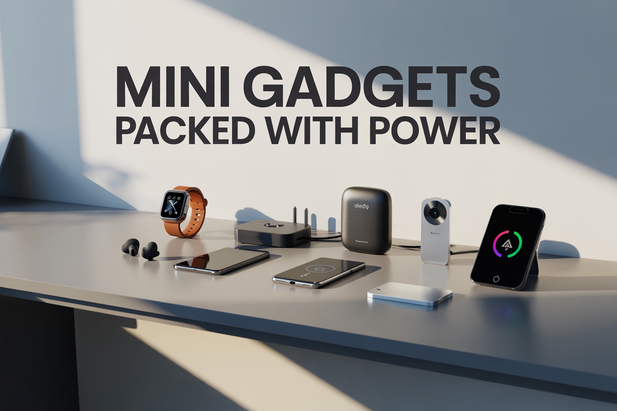 Create a realistic image of a collection of various mini gadgets artfully arranged on a sleek white desk surface, including a compact smartwatch, tiny wireless earbuds, a mini portable charger, a small security camera, a pocket-sized smartphone, and a miniature smart home hub device, with soft natural lighting from the left side creating gentle shadows, a clean modern background with subtle blue and white gradient, and the text "MINI GADGETS PACKED WITH POWER" displayed prominently in bold modern sans-serif font at the top of the image.