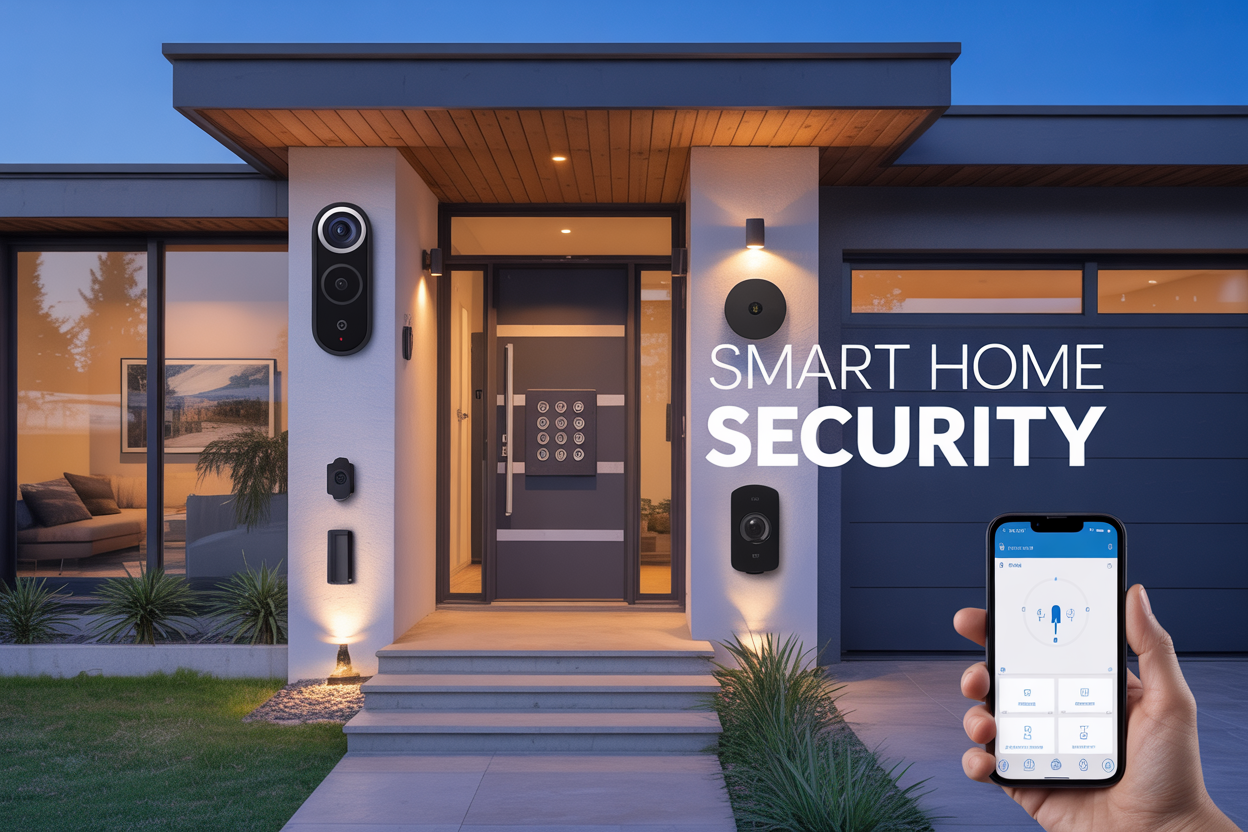 Create a realistic image of a modern home's front entrance featuring multiple smart security devices including a video doorbell camera, smart lock with keypad, motion sensor, and door/window sensors, with a sleek smartphone in the foreground displaying a security app interface, set against a contemporary house exterior with warm evening lighting, and include the text "Smart Home Security" prominently displayed in modern font overlay.